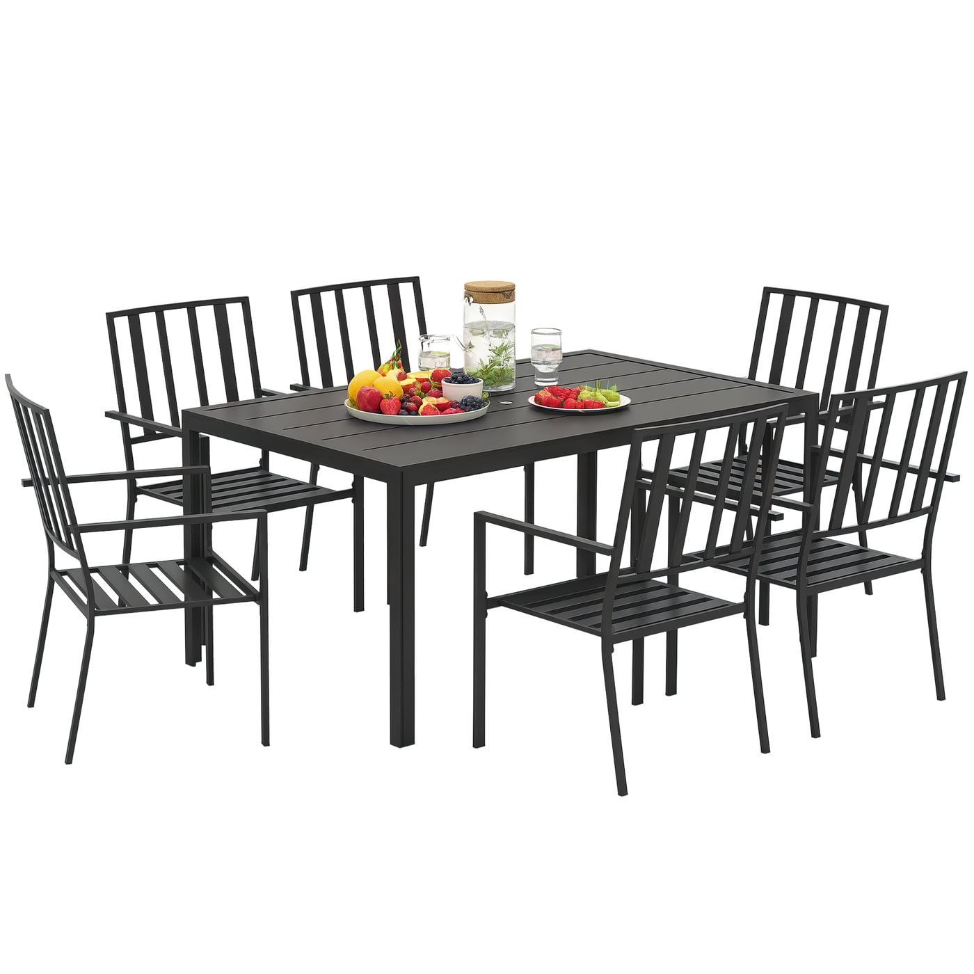 Outsunny 7 PCs Garden Dining Set w/ Stackable Chairs and Metal Top Table, Black