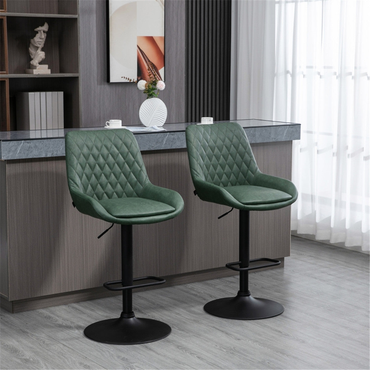 Set of 2 Adjustable Swivel Bar Stools, Green PU Leather, Steel