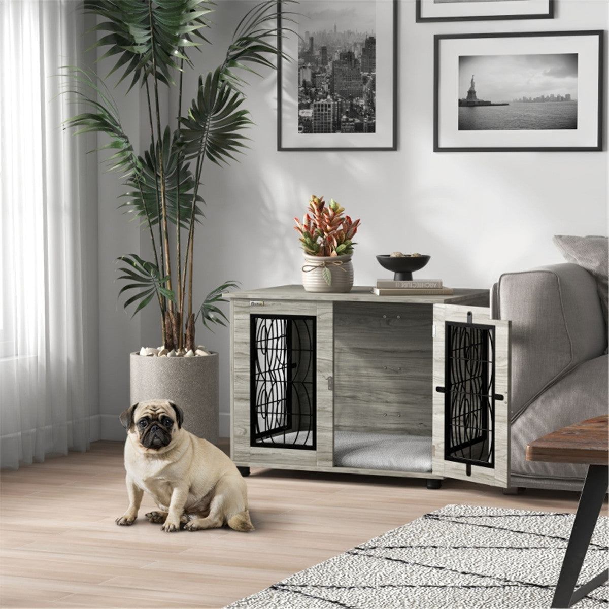 Dog Crate with Side Table, Grey Wood Effect