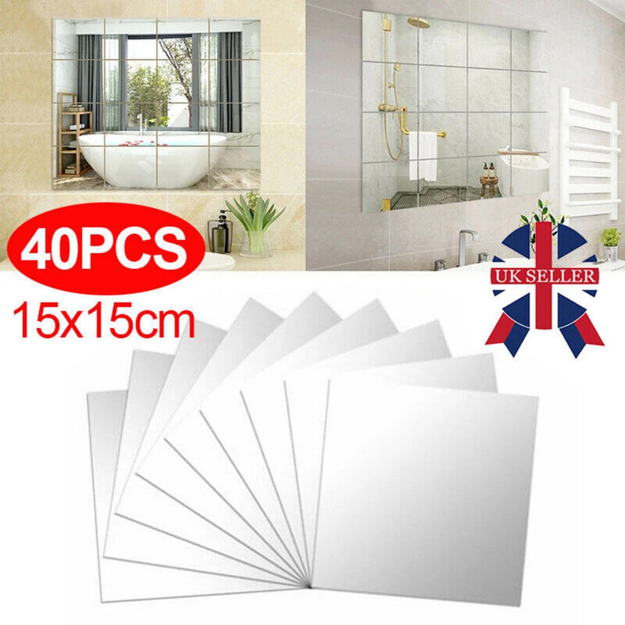 40 Pack Square Mirror Tiles, Self-Adhesive, Silver, 15 cm x 15 cm