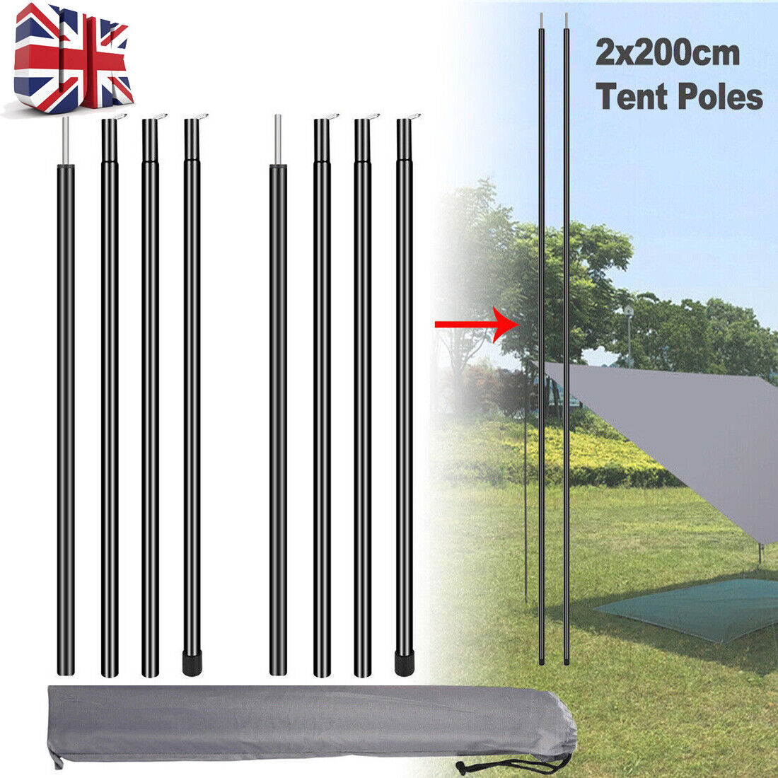 2x200cm Universal Telescopic Adjustable Steel Tent, Awning, Canopy & Tarp Poles
