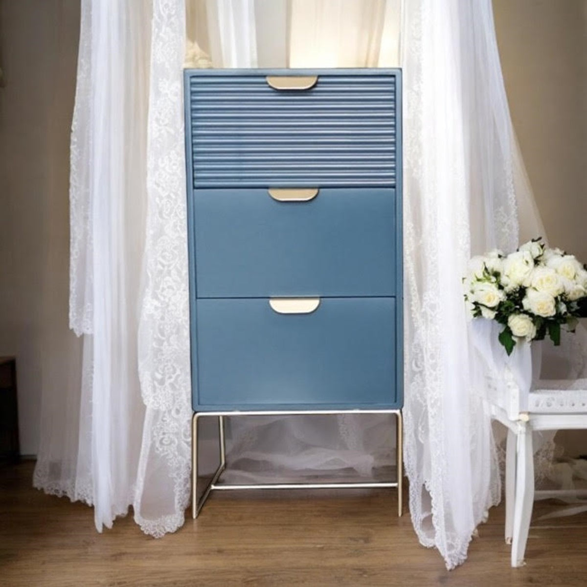 64CM Blue Wooden 3 Drawer Bedside Table
