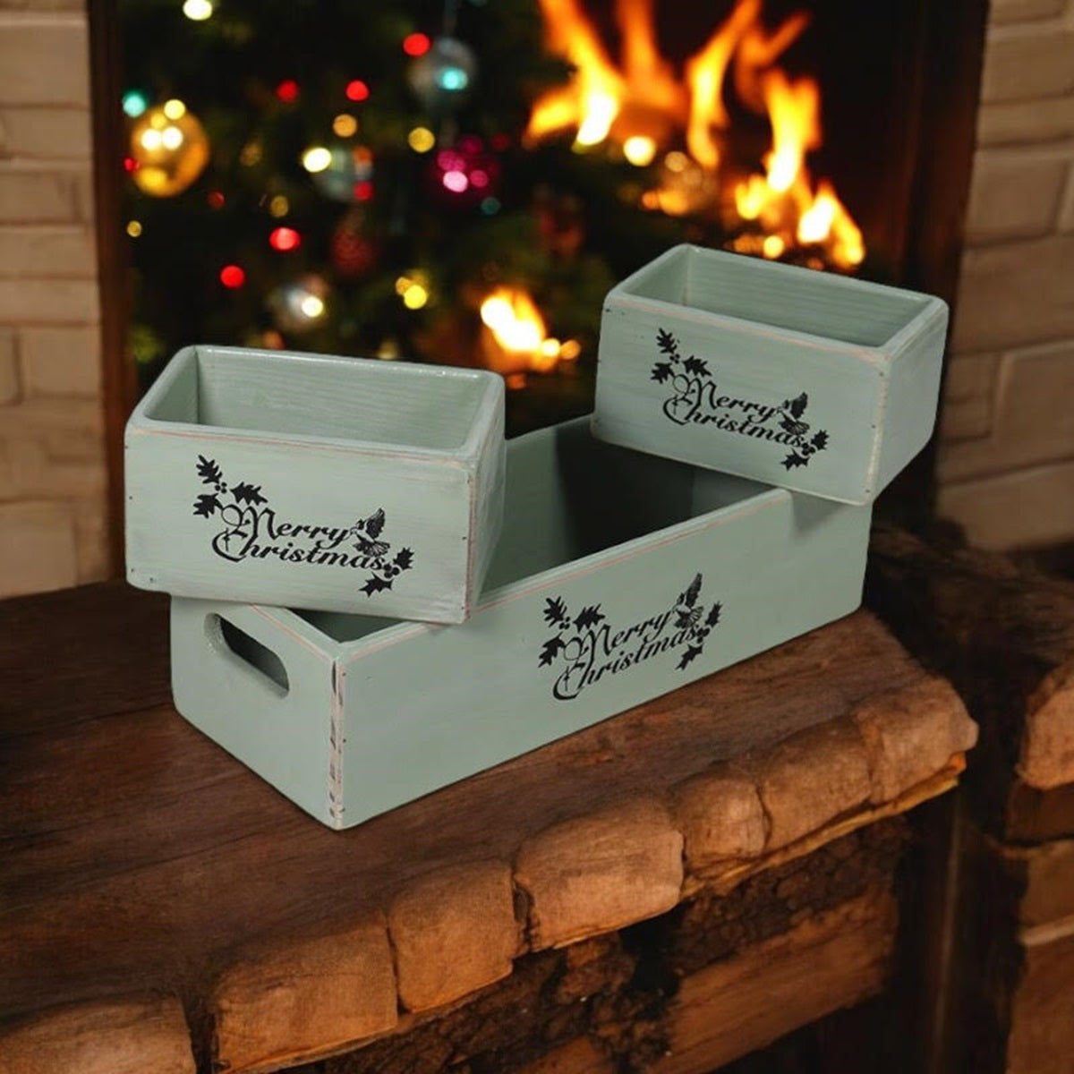 Set of 3 Rustic Green Wooden Boxes 34/15/15CM