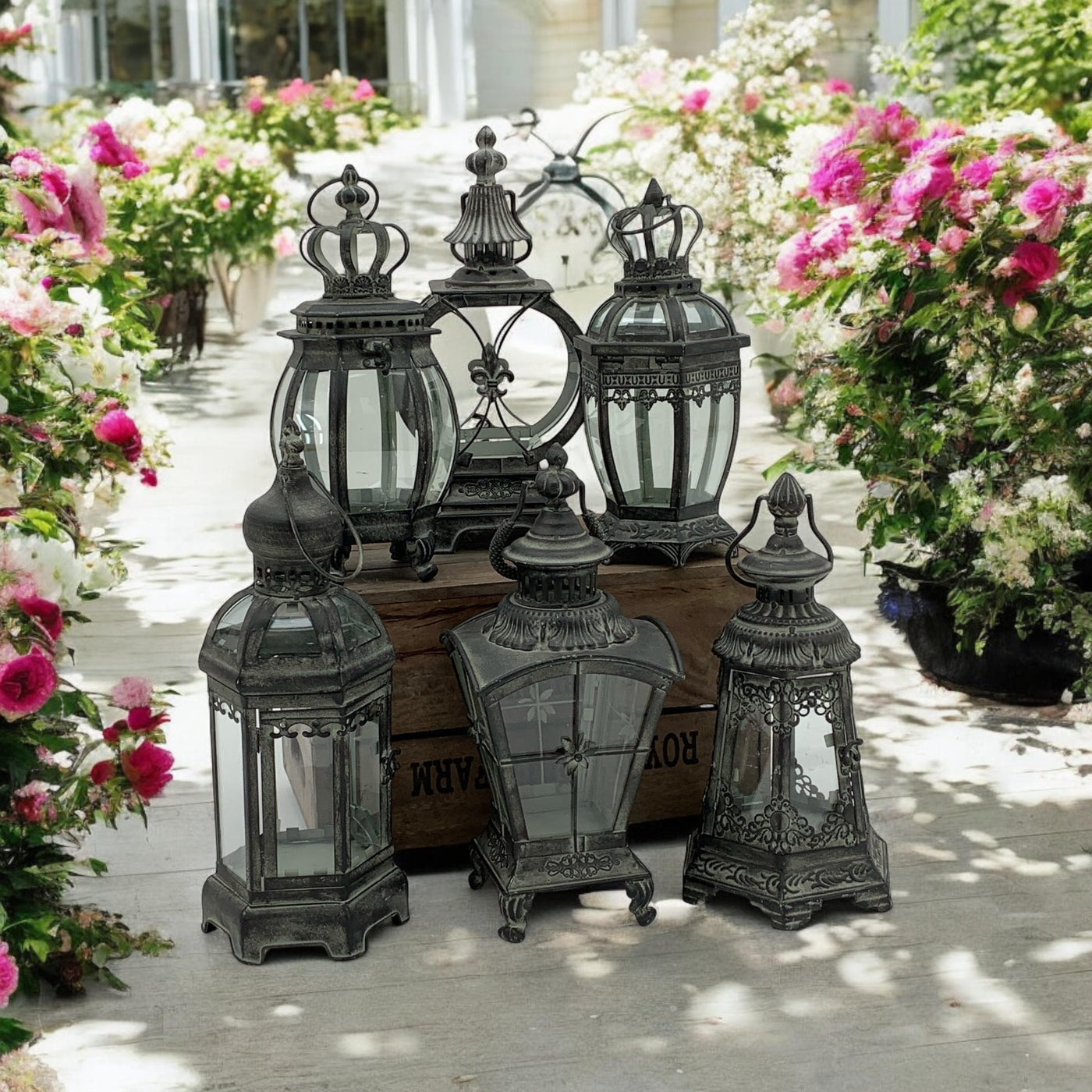 40cm Bronzed 6 Assorted Metal Garden Lanterns