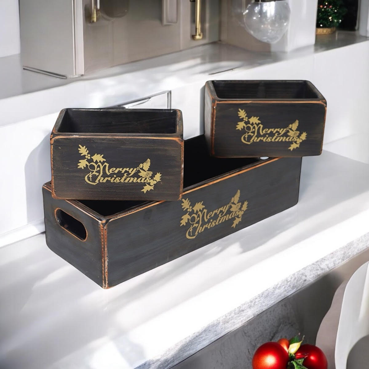 Set of 3 Black Wooden Boxes 34/15/15CM