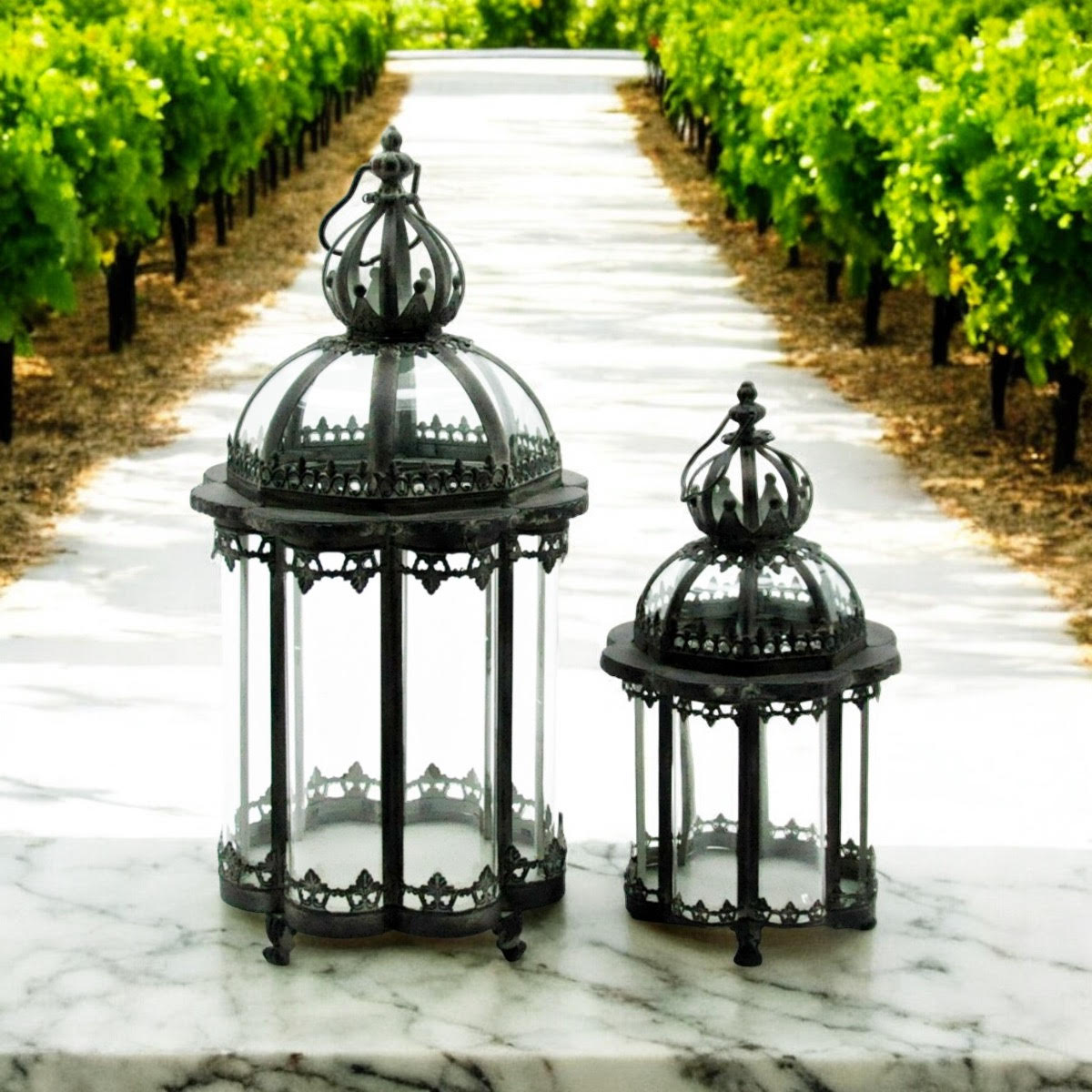 Set of 2 Green Metal Garden Lanterns, 65 cm and 45 cm