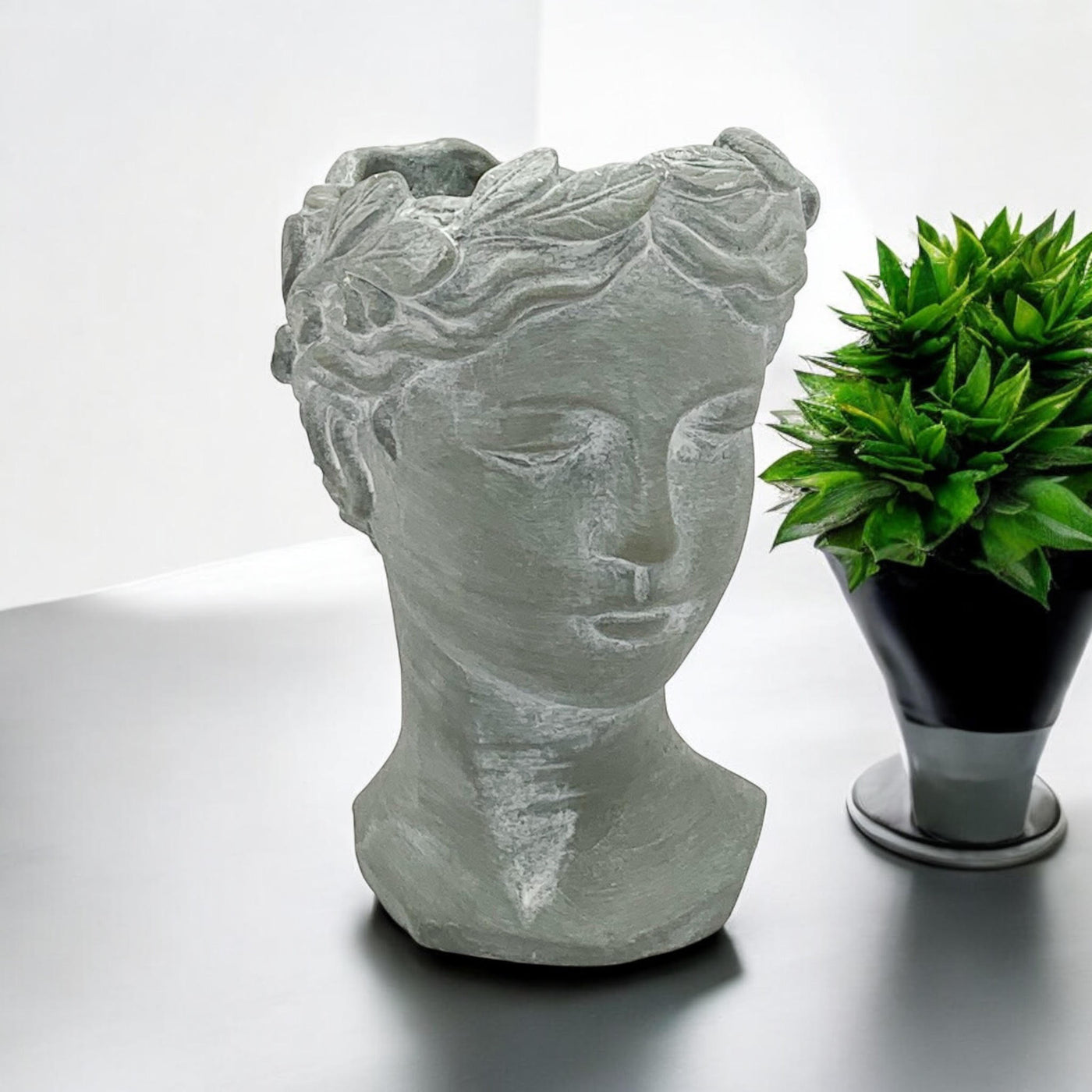35cm Grey Cement Bust Pot — Looks Serious, Cracks a Little Smiling Inside