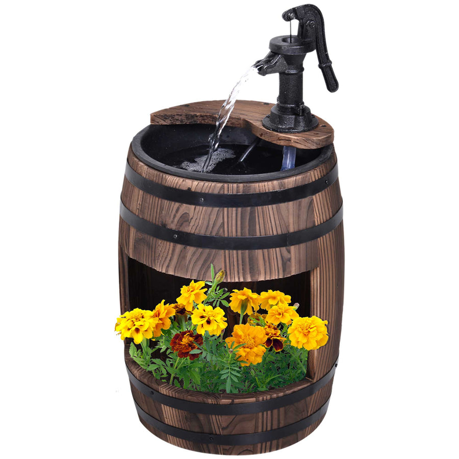 Outsunny Wood Barrel Pump Garden Fountain Water Feature Flower Planter Stand
