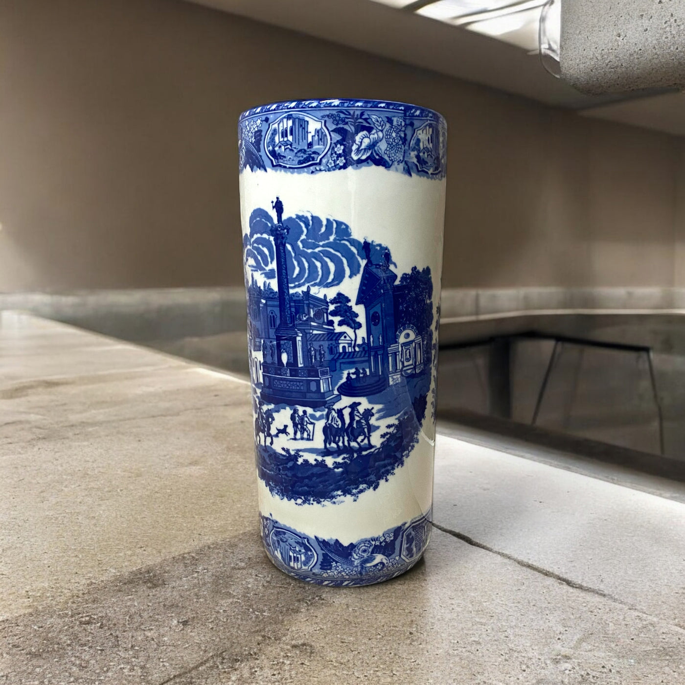 Blue & White 18" Round Umbrella Stand — Holds Up, Looks Neat, No Drama