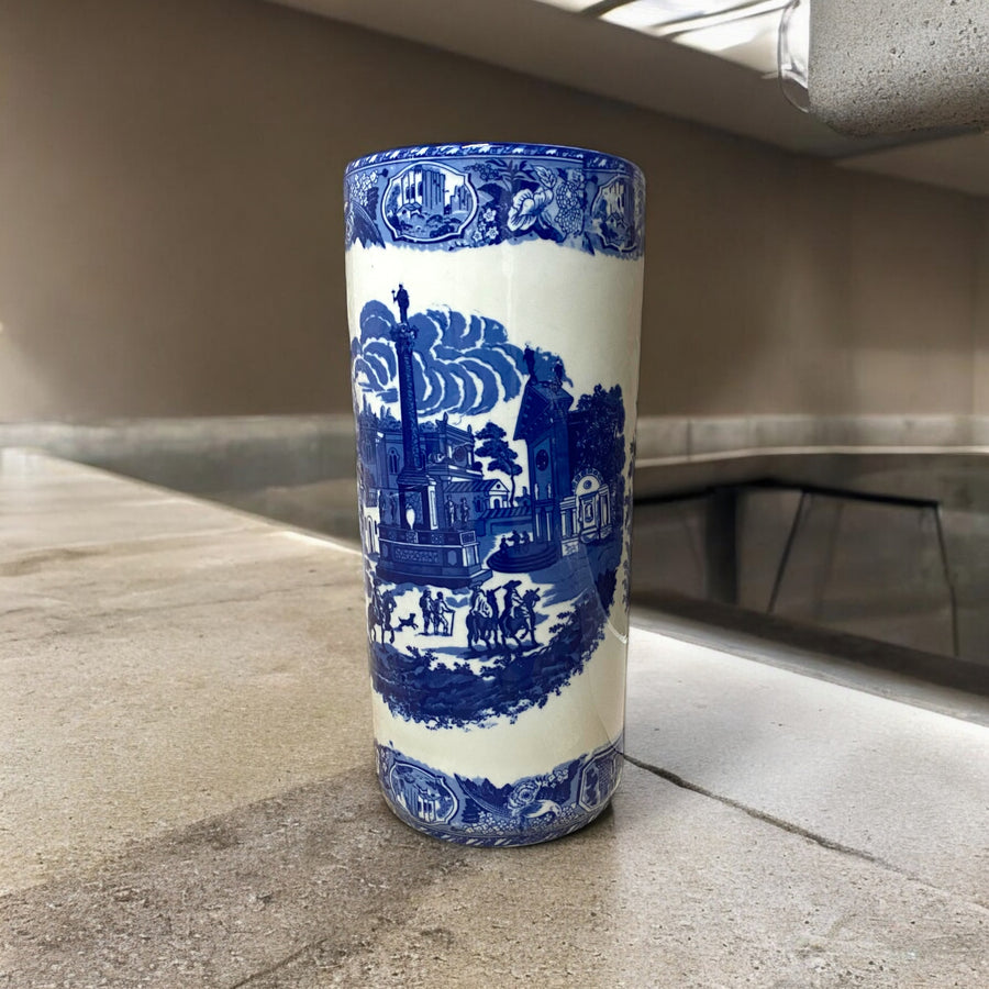 Blue & White 18" Round Umbrella Stand — Holds Up, Looks Neat, No Drama