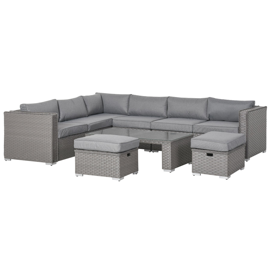 6 Pc PE Rattan Corner Sofa Set with Coffee Table, Footstools & Cushion - Grey