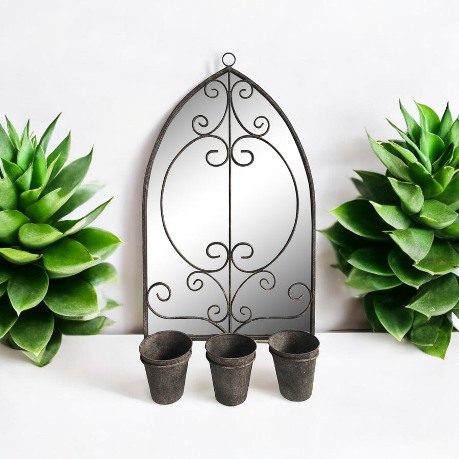 73CM Rusty Wall Mirror with Triple Planter