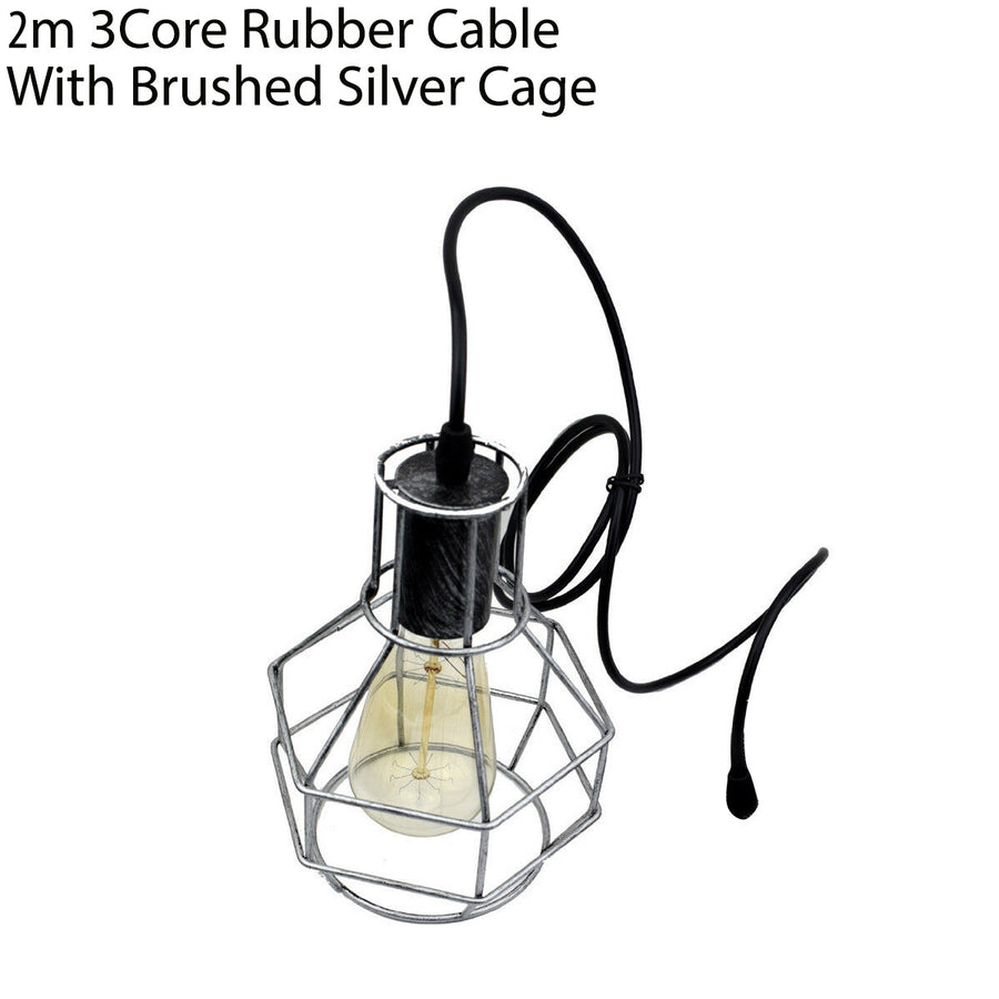 2m Pendant Lamp Holder with Nest Cage, Brushed Silver