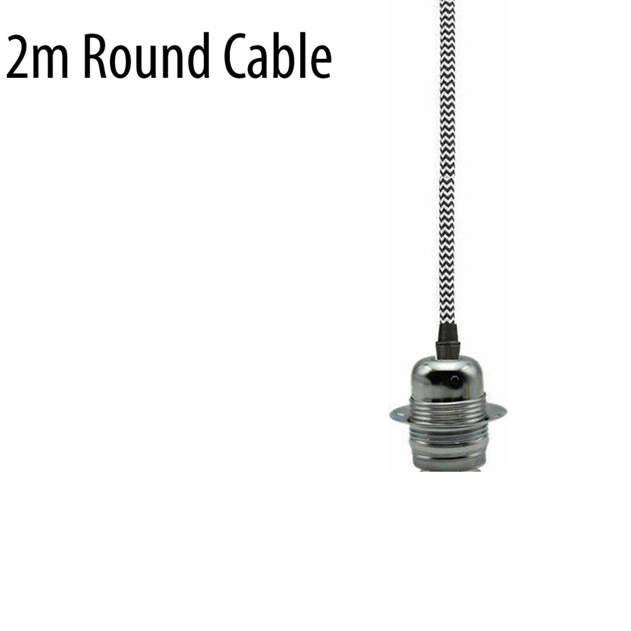 E27 Chrome Aluminium Holder Fabric 3 Core Round Black and White Cable 1m Pendant Set