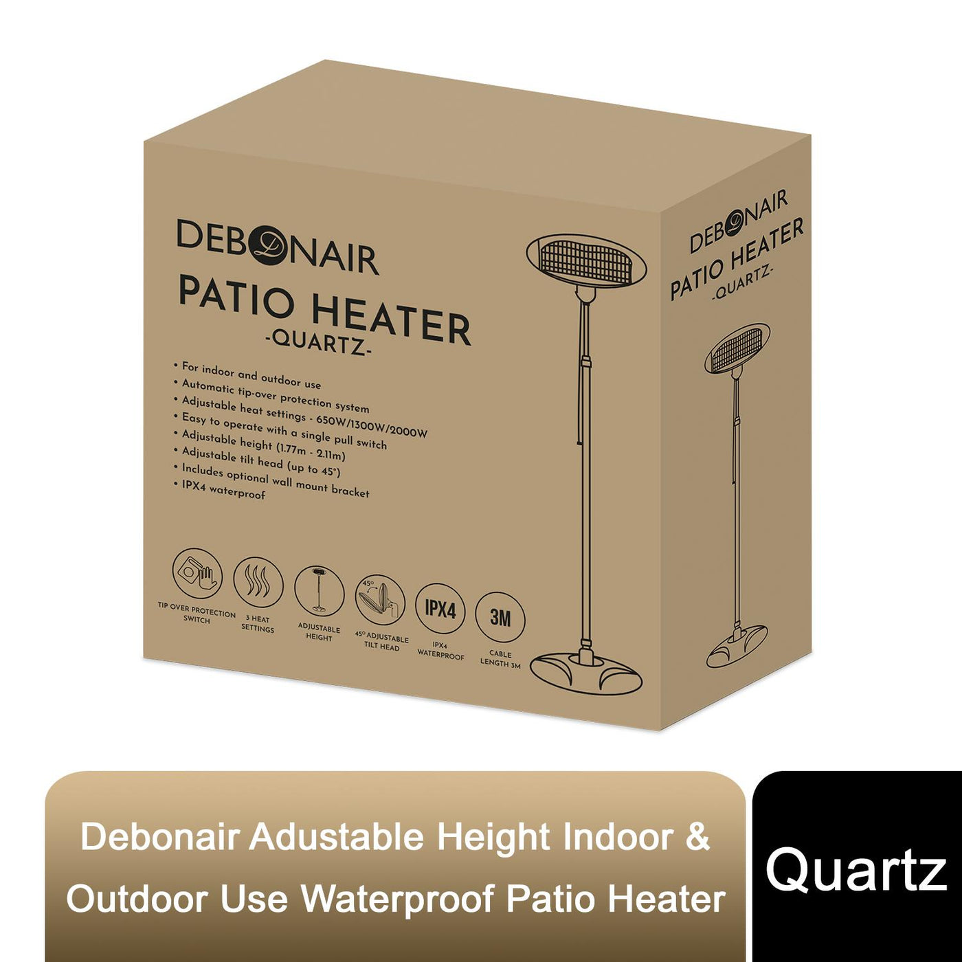 Debonair Adjustable Height Indoor & Outdoor Waterproof Patio Heater - Quartz