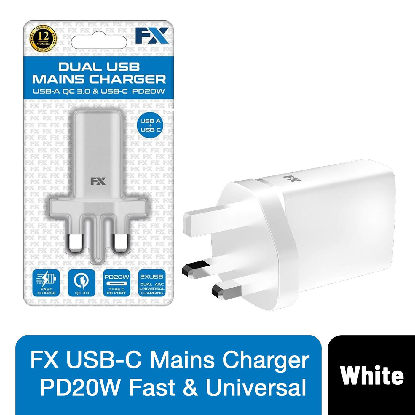 FX USB-C Mains Charger PD20W, White