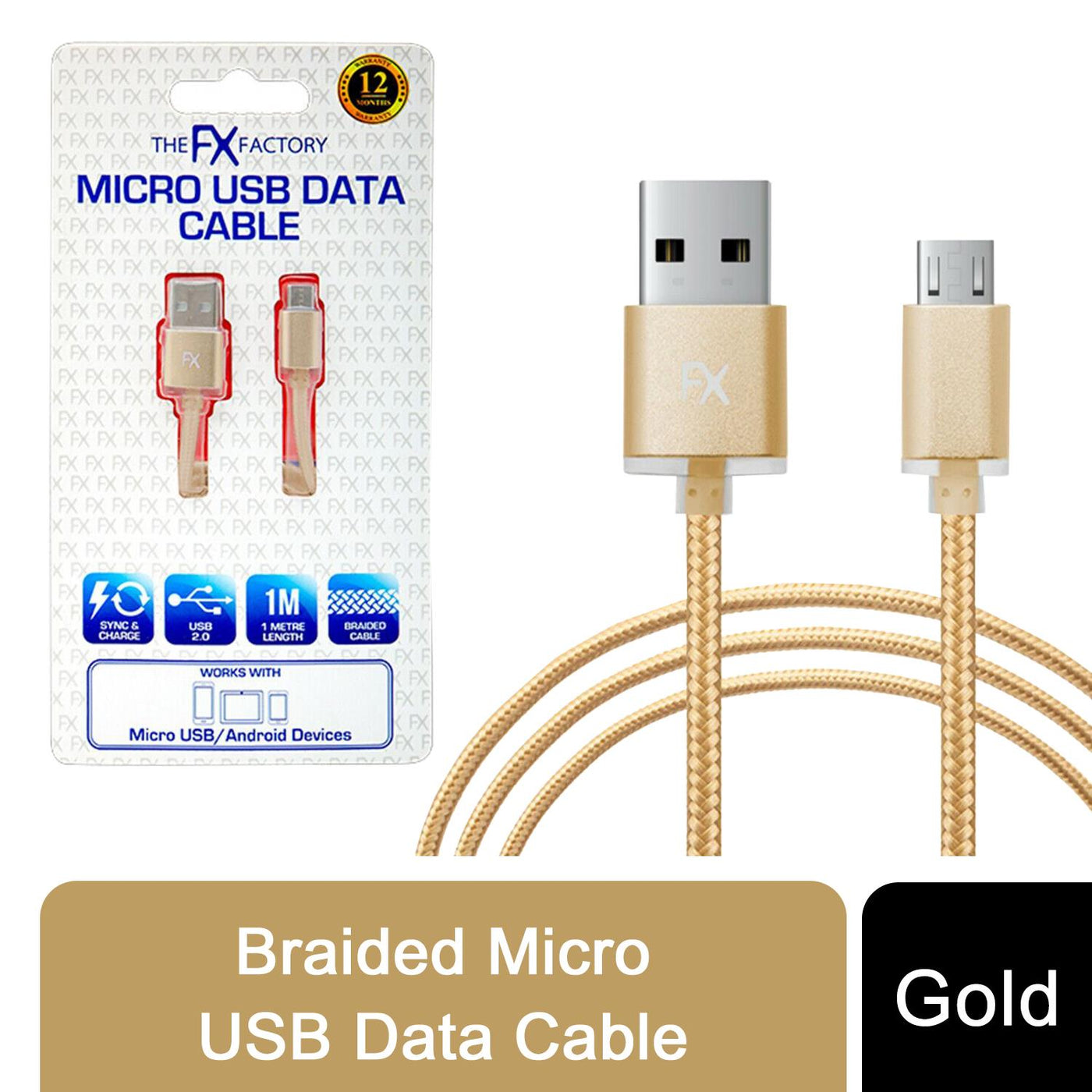 FX Braided Micro USB Data Cable, Gold, Rose Gold, Space Grey, Silver