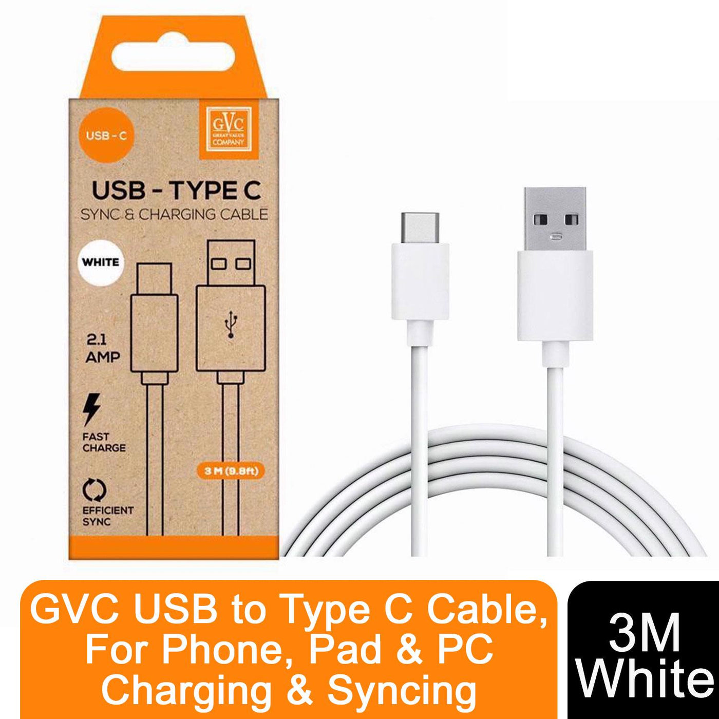 GVC USB to Type C Cable, 3M - White