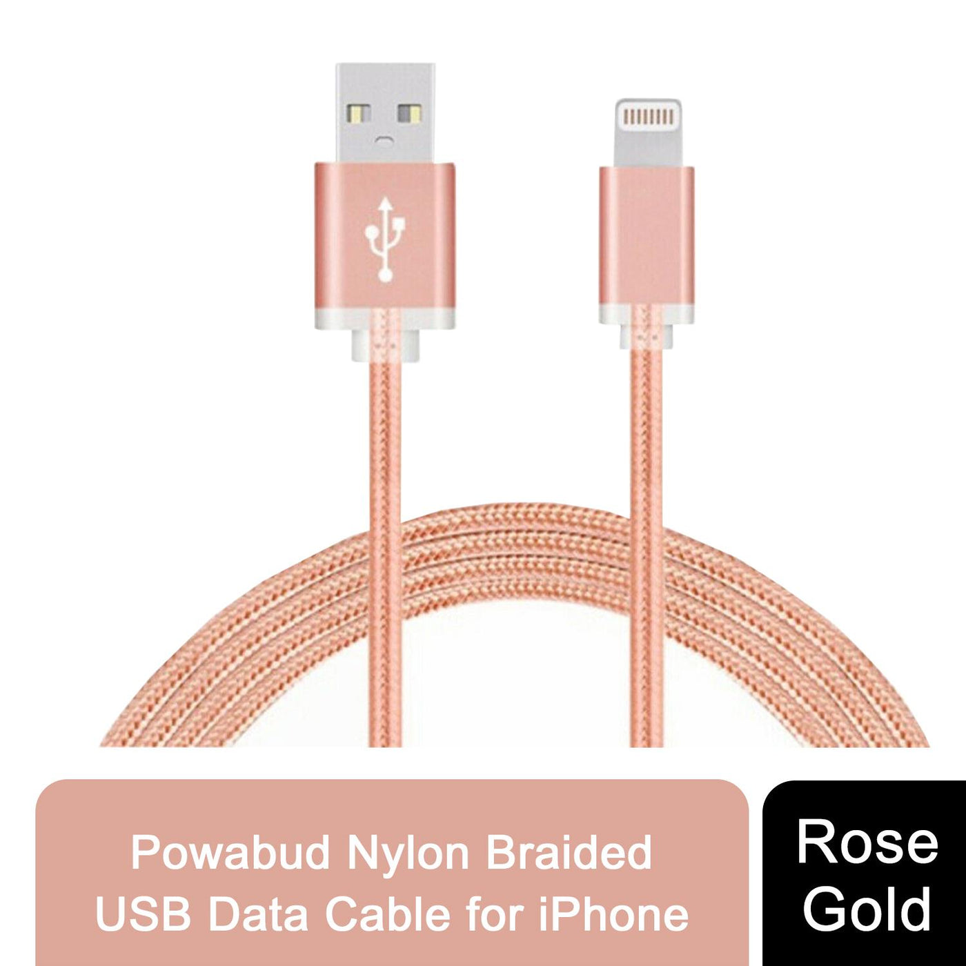 FX Powabud Nylon Braided USB Data Cable for Phone, Rose Gold, 1m