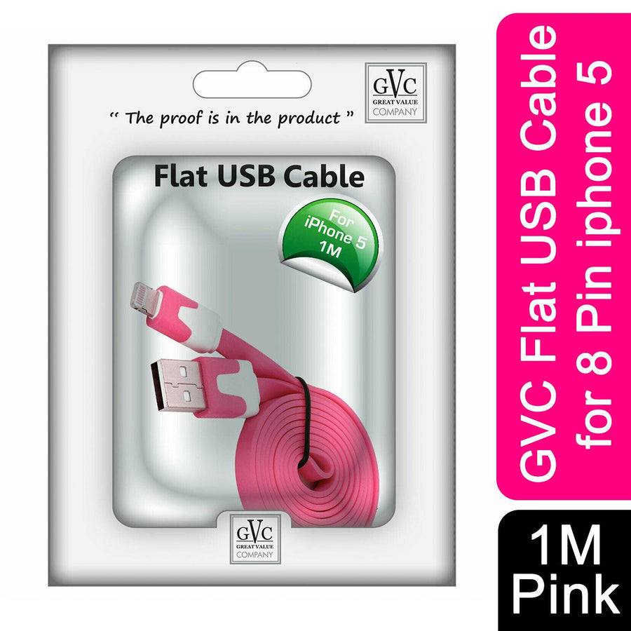 GVC 1 Metre Tangle-Free Flat USB to 8 Pin Cable, Pink