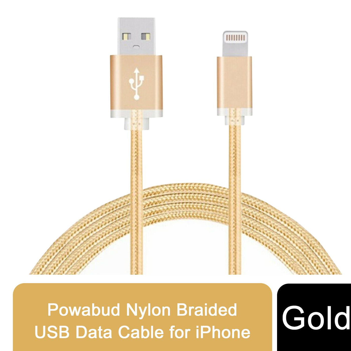 FX Powabud Nylon Braided USB Data Cable for Phone, Gold, 1m