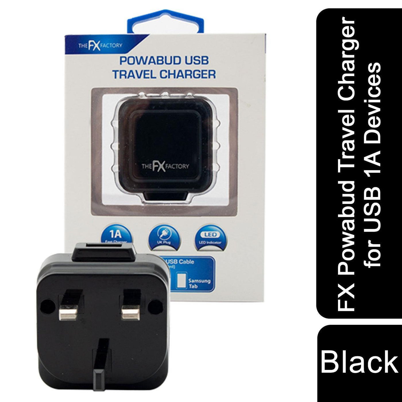 FX Mains Charger Powabud for USB 1A & Micro USB Devices - Black