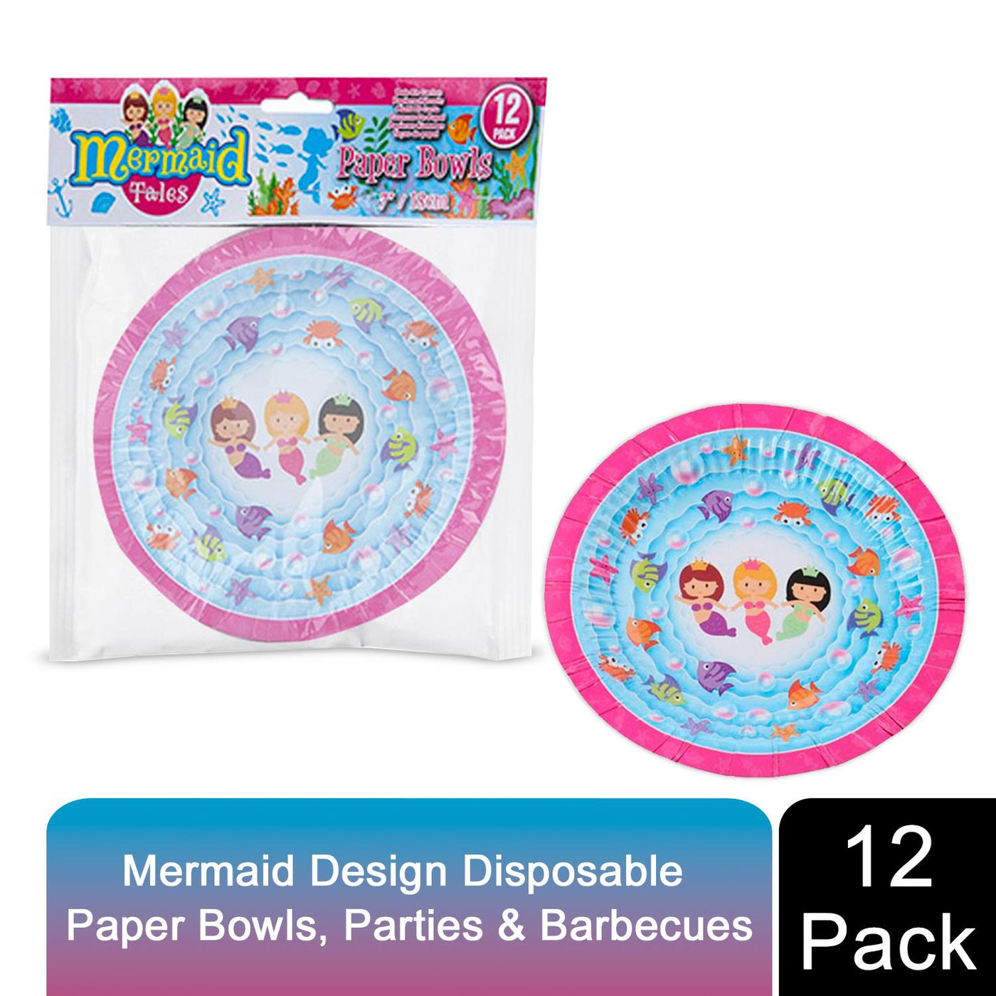 Mermaid Design 7 Inch 12 Disposable Paper Bowls