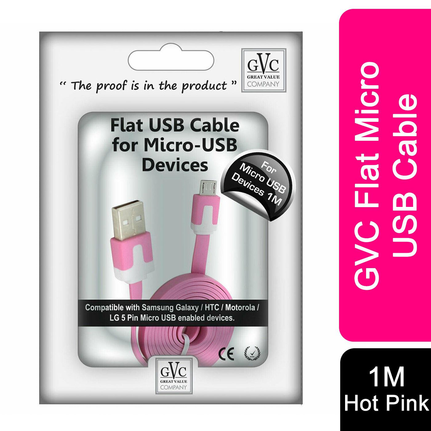 GVC 1 Metre Flat Micro USB Cable for Sync & Charge, Hot Pink