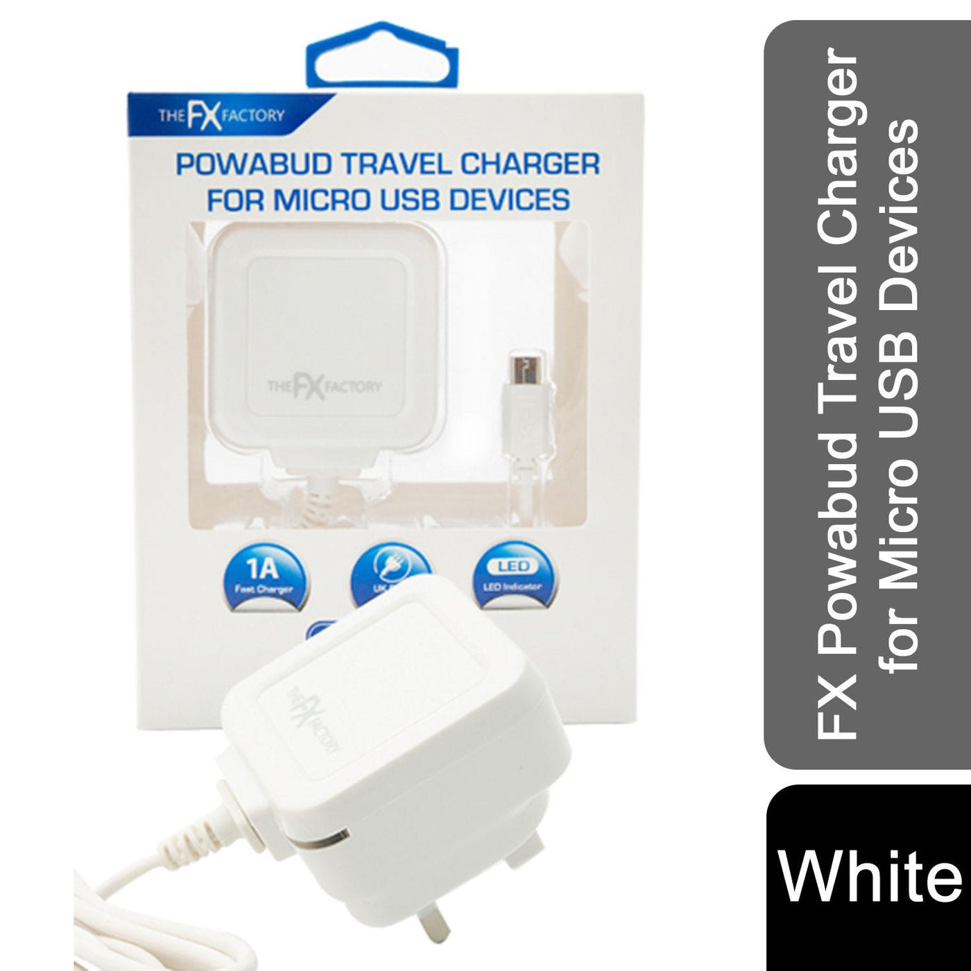 FX Mains Charger Powabud for USB 1A & Micro USB Devices - White