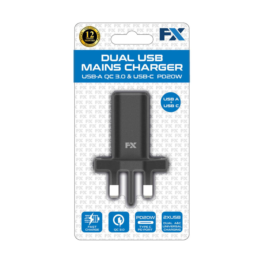 FX Dual UK Main Charger USB-C & USB-A, White