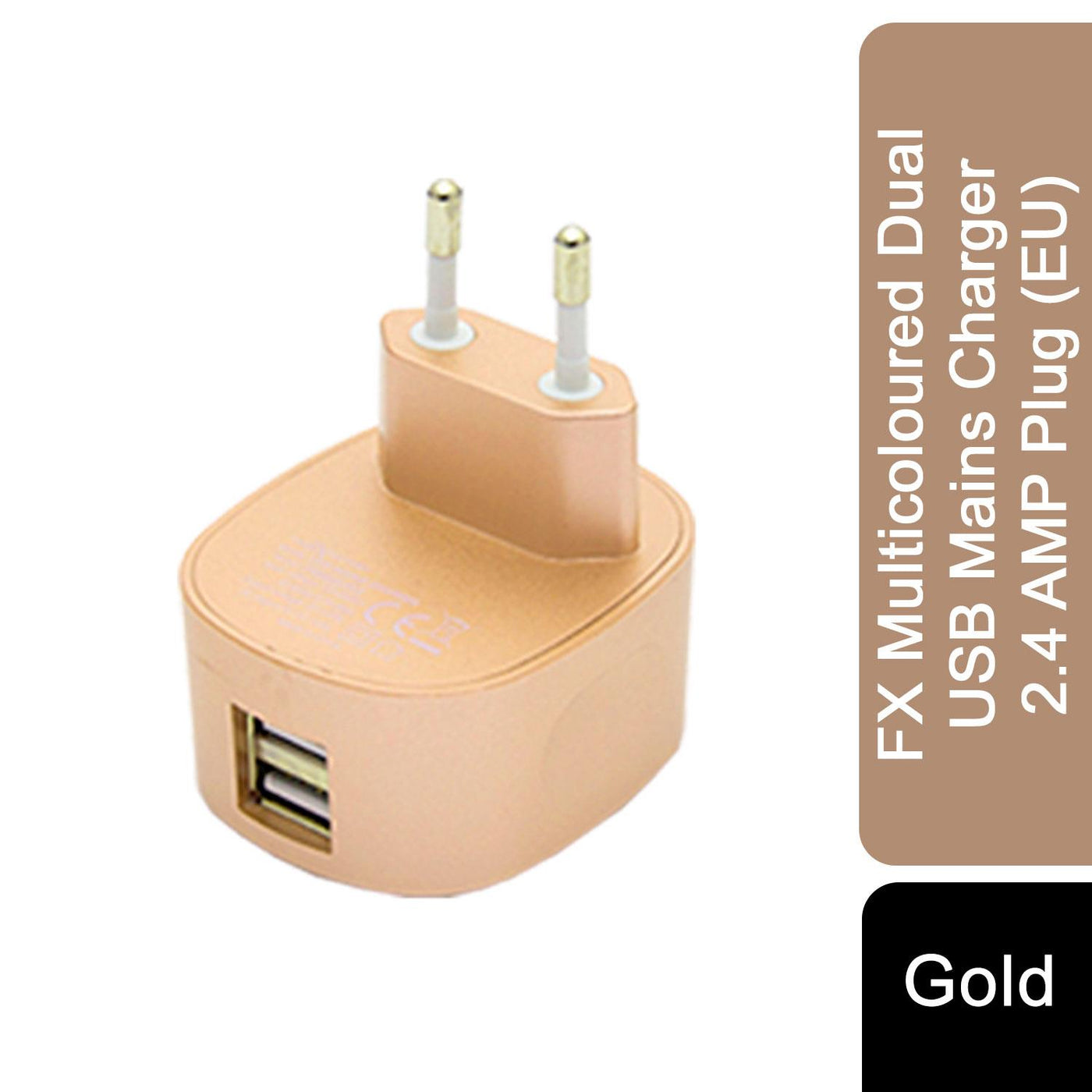 FX Multicoloured Dual USB Mains Charger 2.4A Plug (EU), Gold