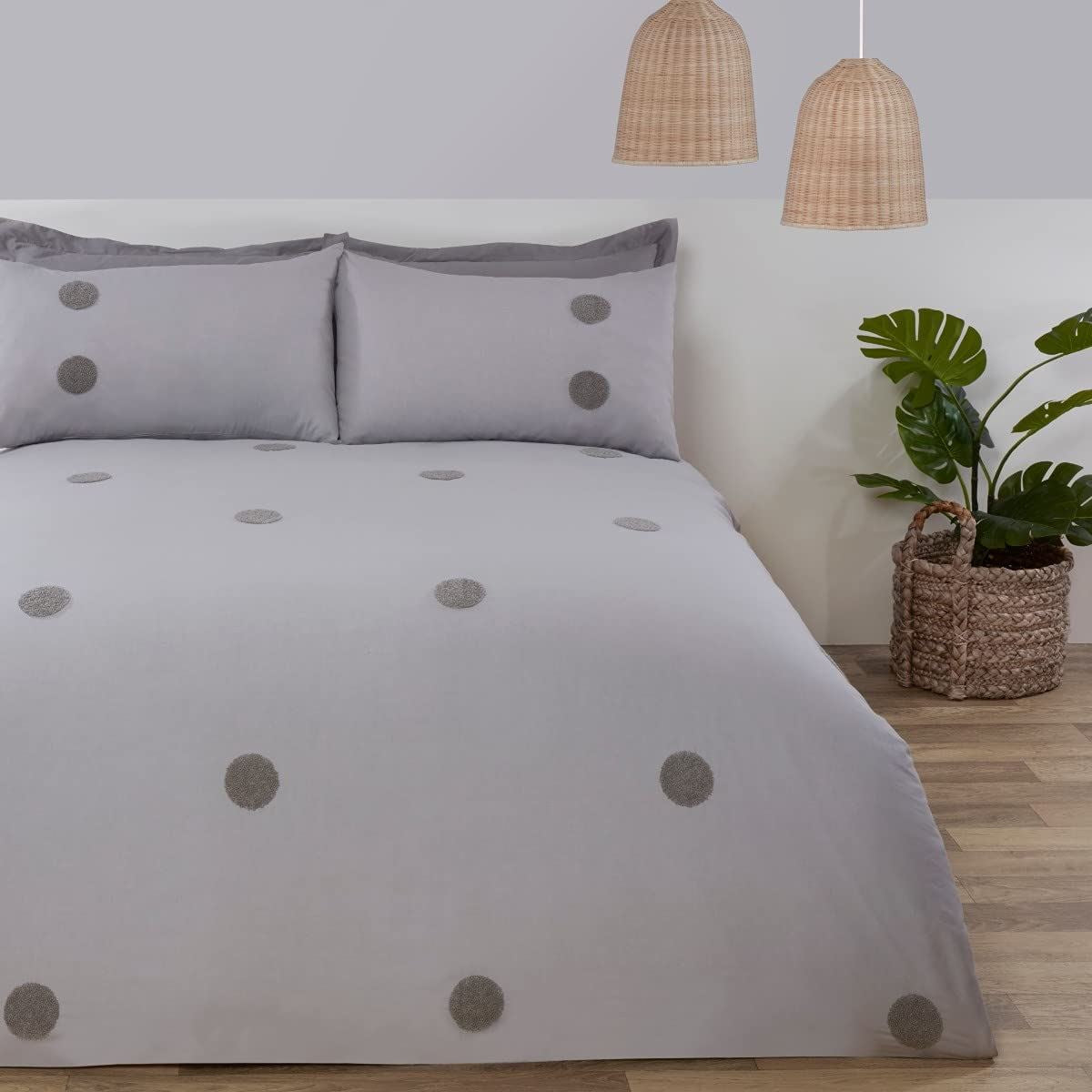 Sleepdown Embroidered Tufted Circles Double Duvet Cover Set, Grey/Grey