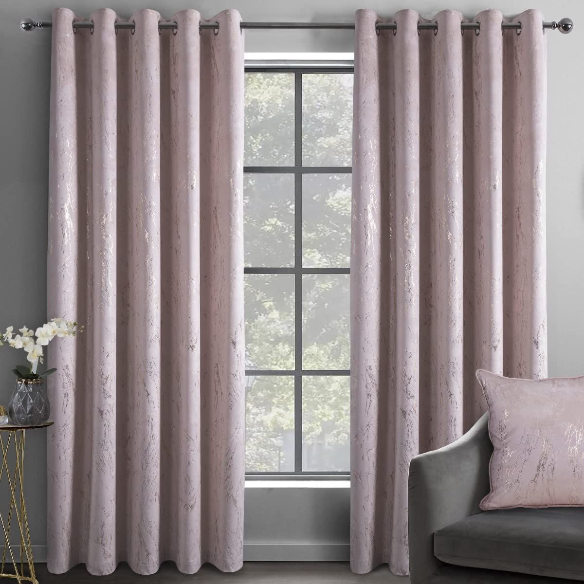 Sleepdown Marble Effect Blackout Eyelet Curtains Blush 46 x 54