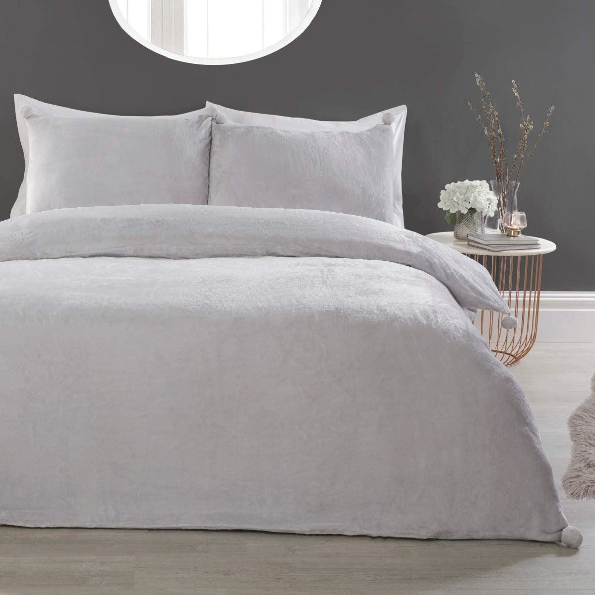 POMPOM FLANNEL FLEECE D/SET SILVER DB