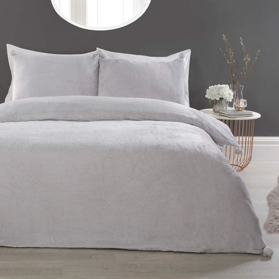 POMPOM FLANNEL FLEECE D/SET SILVER DB