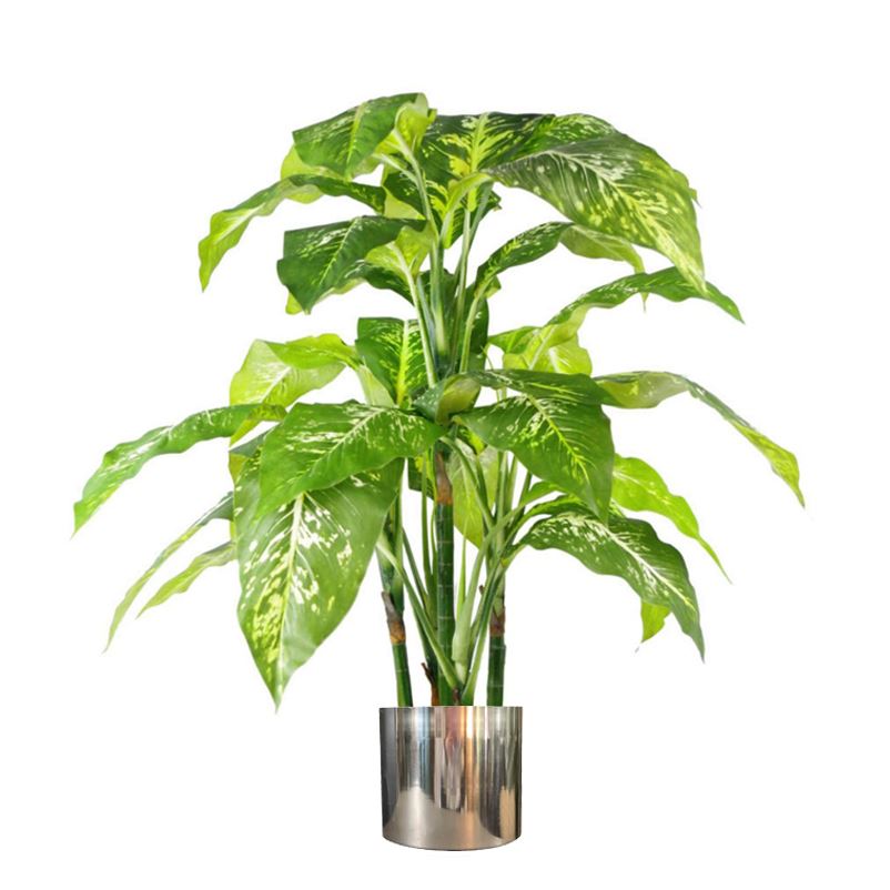 100cm Large Fox's Aglaonema (Spotted Evergreen) Artificial Plant with Silver Metal Planter