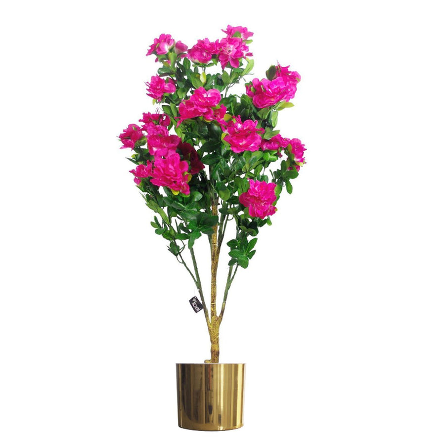 100cm Artificial Azalea Pink Flowers Potted Plant with Gold Metal Planter