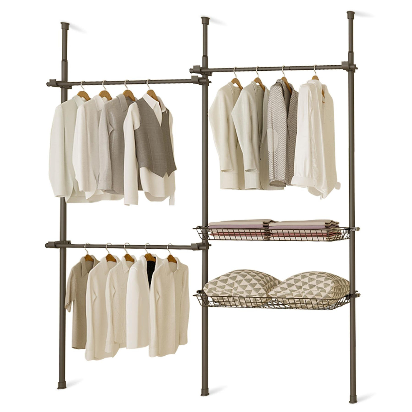 Double Black With Baskets Telescopic Wardrobe Organiser Hanging Rail Clothes Rack Adjustable Storage Shelving