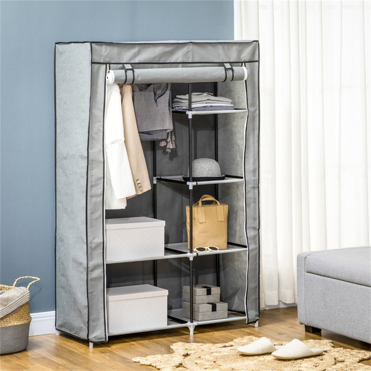 Chester Fabric Wardrobe with Hanging Rail and 6 Shelves