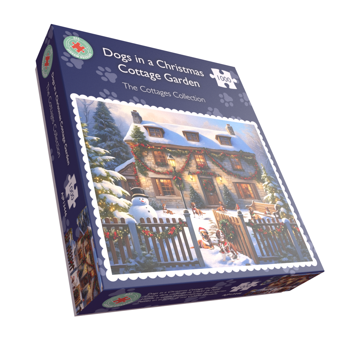 Dogs in a Christmas Cottage Garden 1000 Piece Jigsaw Puzzle