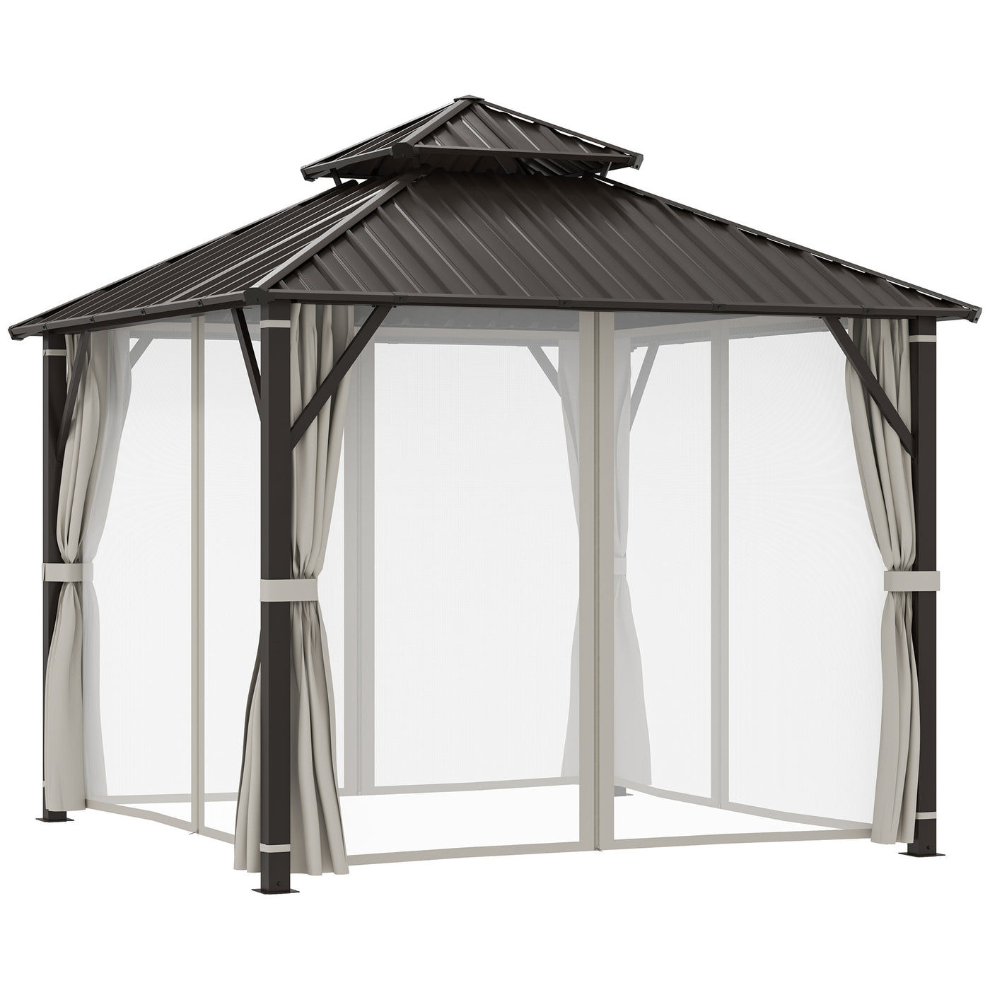 Outsunny 3 x 3 m Hardtop Gazebo with Metal Roof, Netting and Curtains