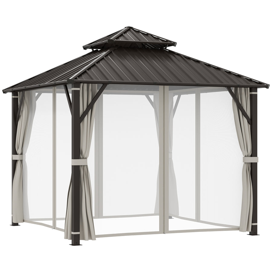 Outsunny 3 x 3 m Hardtop Gazebo with Metal Roof, Netting and Curtains