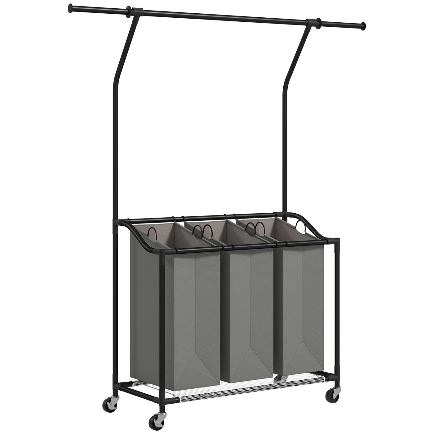 HOMCOM 126L Laundry Sorter with 3-Bag Organiser and Hanging Rail, Dark Grey