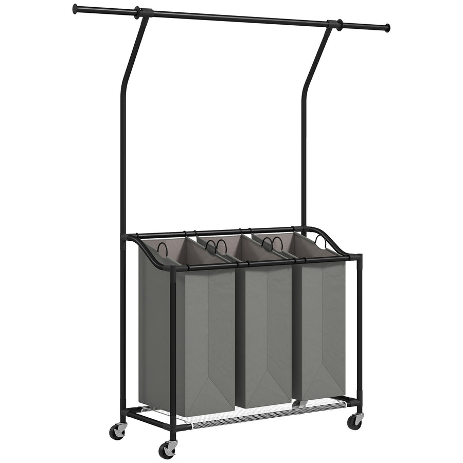 HOMCOM 126L Laundry Sorter with 3-Bag Organiser and Hanging Rail, Dark Grey