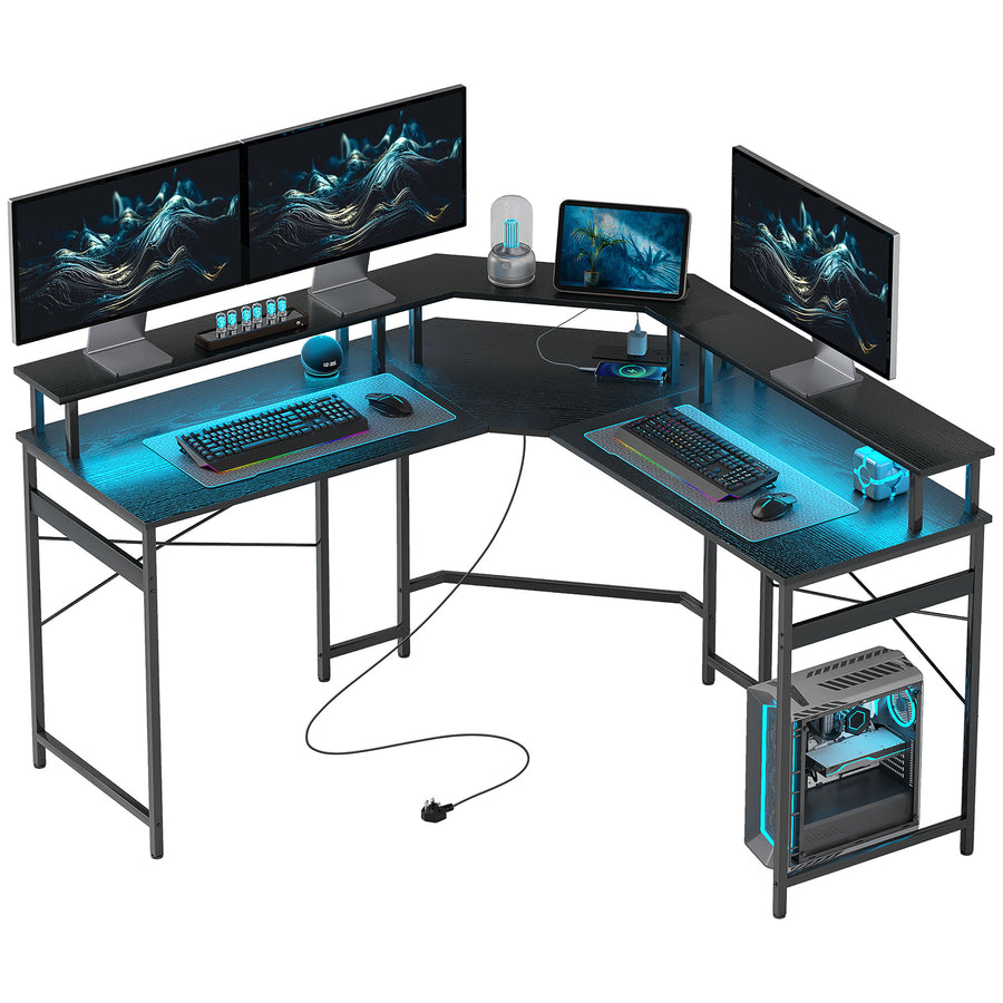 HOMCOM L Shaped Desk Corner Computer Desk with Monitor Stand, Black
