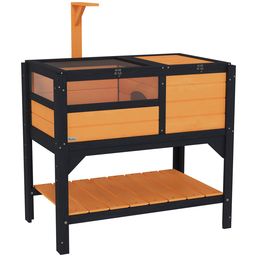 PawHut Wooden Tortoise House w/ Run, Shelter, Shelf, Lamp Holder, Yellow