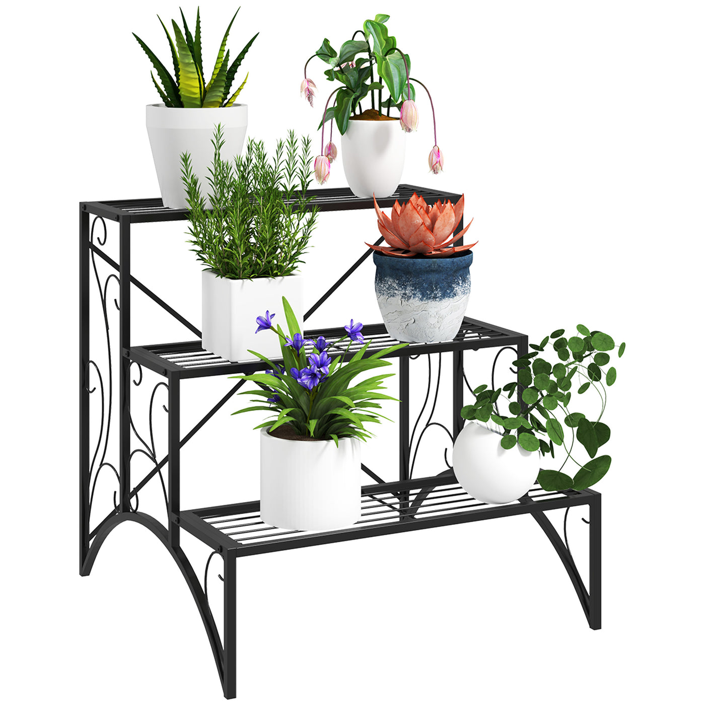 Outsunny 3-Tier Metal Plant Stand for Garden, Balcony, Indoor and Outdoor Use, Black