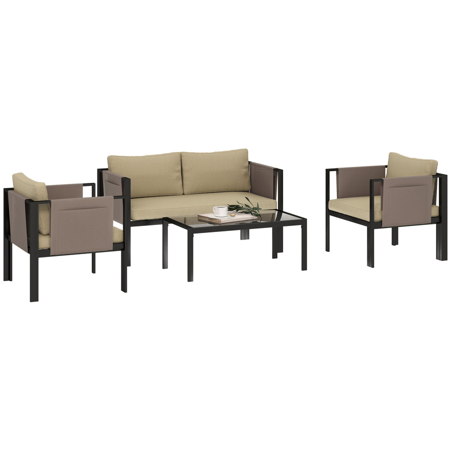 Outsunny 4 Piece Garden Sofa Set with Tempered Glass Coffee Table, Khaki