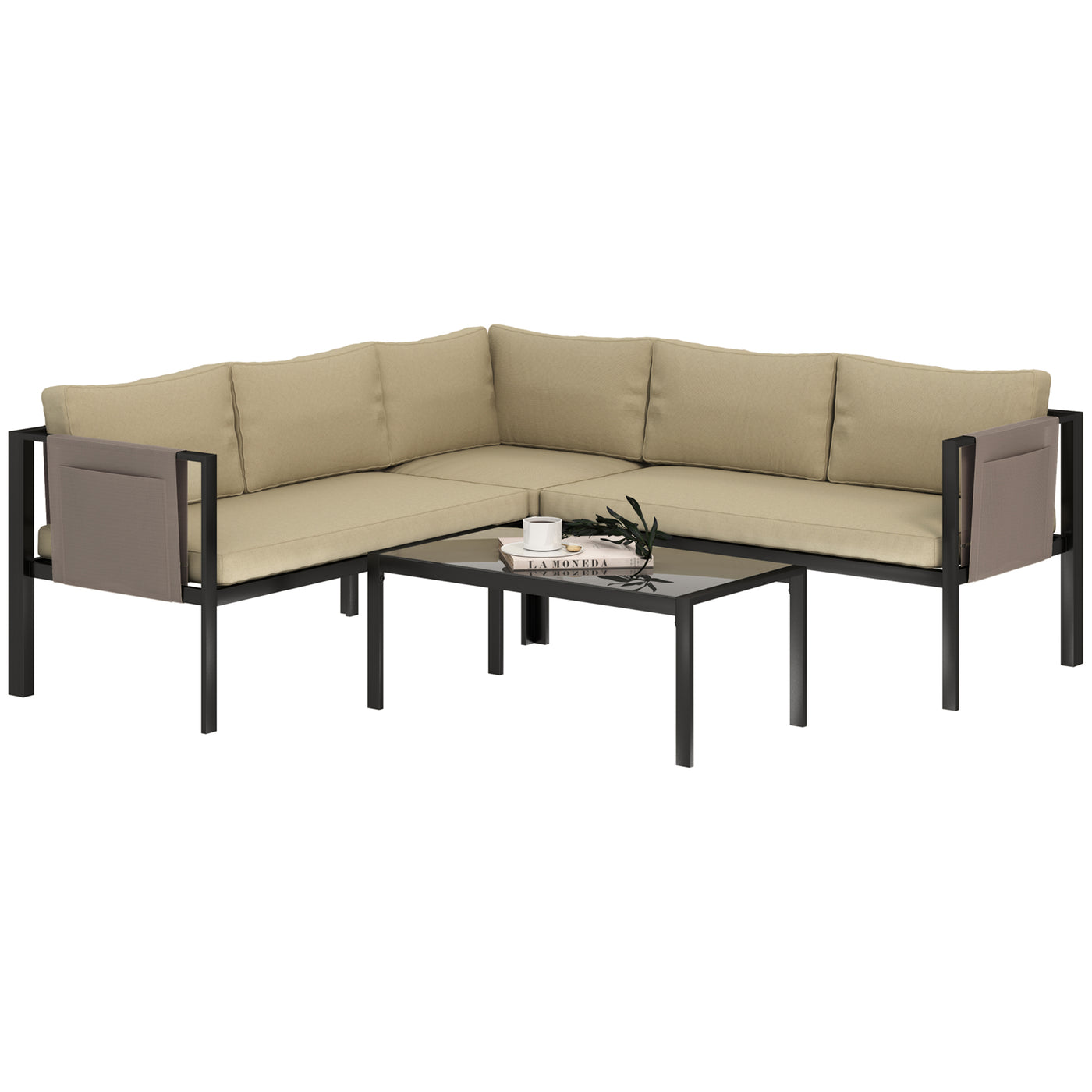 Outsunny 4 Piece Garden Furniture Set with Breathable Mesh Pocket, Khaki