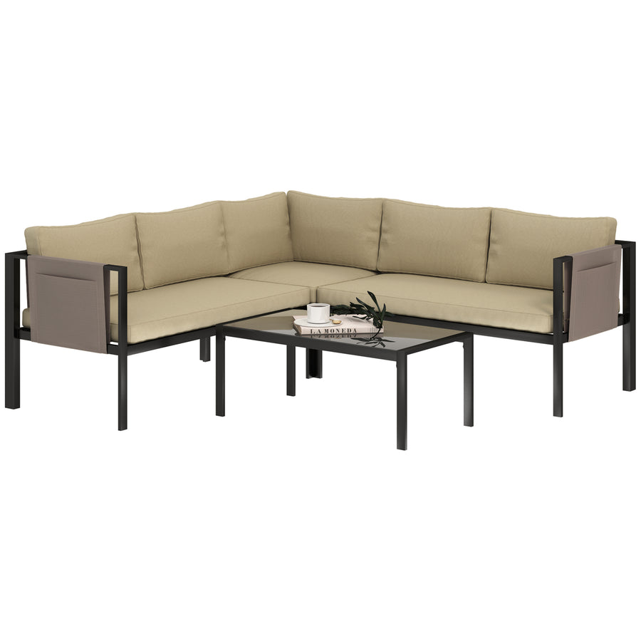 Outsunny 4 Piece Garden Furniture Set with Breathable Mesh Pocket, Khaki